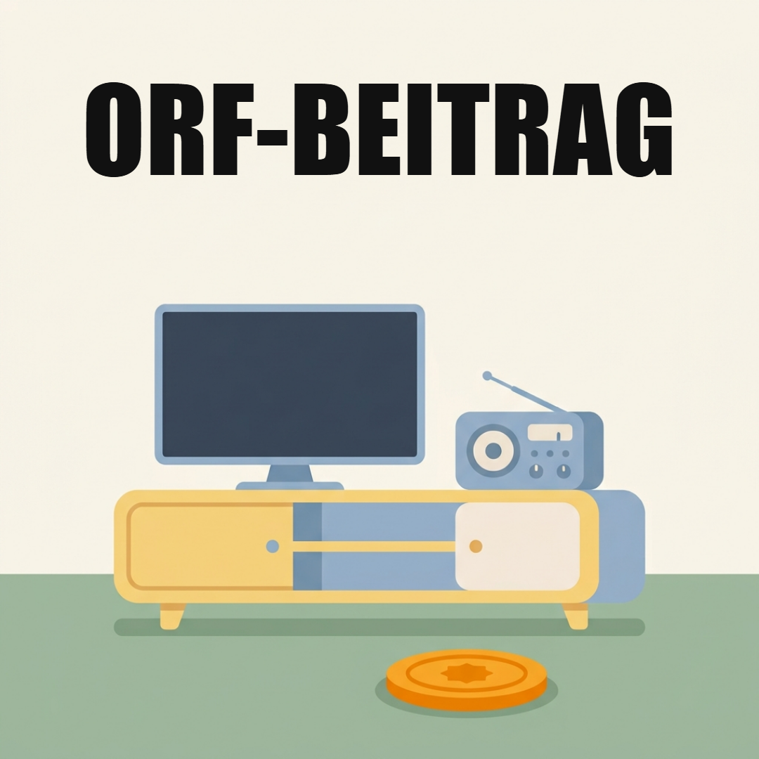 ORF-Beitrag: Wer ihn zahlt, was er kostet und wie die Befreiung funktioniert 1 Ein Fernseher und ein altes Radio auf einer gelb-blauen Kommode, davor liegt eine orange Münze auf dem Boden, oben das Wort ORF-Beitrag