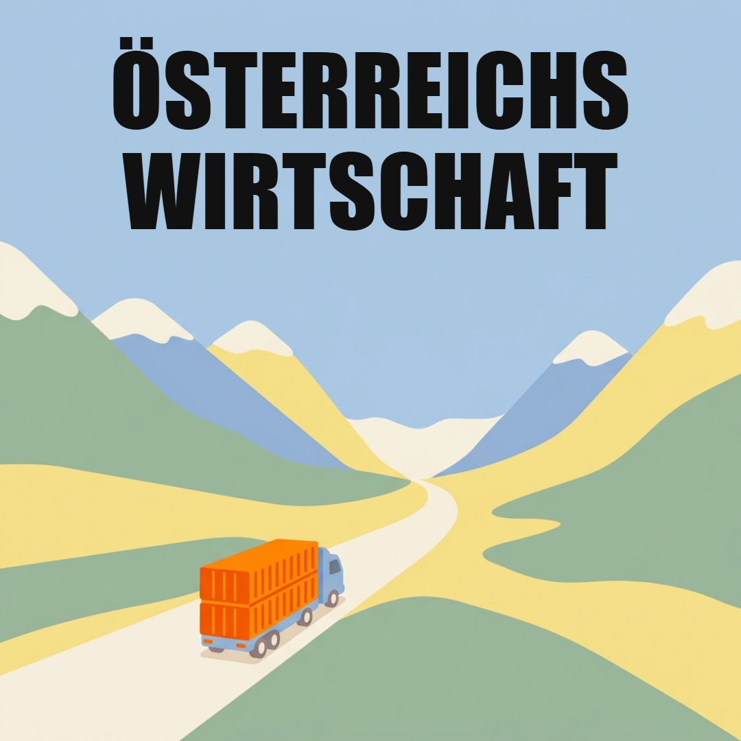 Österreichs Wirtschaft im Überblick: Branchen, Export und Entwicklung 1 Ein Lkw mit orangen Containern fährt auf einer Straße aus einem Alpental, oben die Worte Österreichs Wirtschaft
