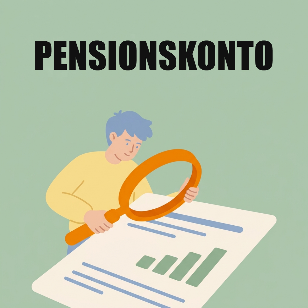 Eine junge Person hält eine große orange Lupe über ein Dokument mit Linien und einem Balkendiagramm, oben das Wort Pensionskonto