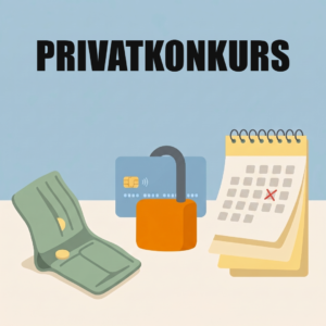 Schulden abbauen: Überblick, Plan und keine neuen Schulden 9 Eine fast leere Geldbörse, eine Kreditkarte mit Vorhängeschloss und ein Kalender mit rotem Kreuz, oben das Wort Privatkonkurs