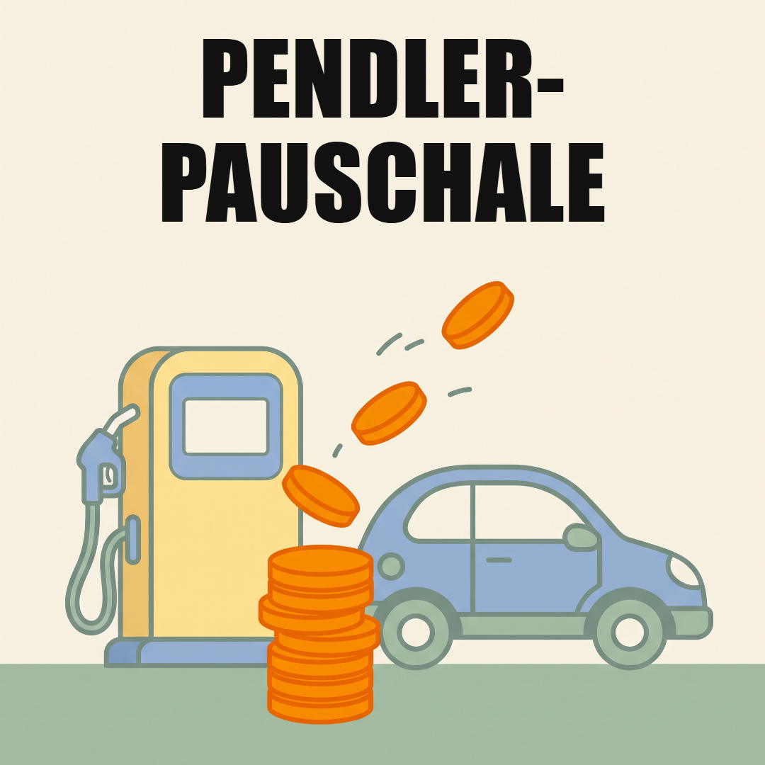 Pendlerpauschale und Pendlereuro: wer sie bekommt, was sie bringen und wie du sie beantragst 1 Eine Zapfsäule und ein blaues Auto, davor ein Stapel orange Münzen, aus dem Münzen hochfliegen, oben das Wort Pendlerpauschale