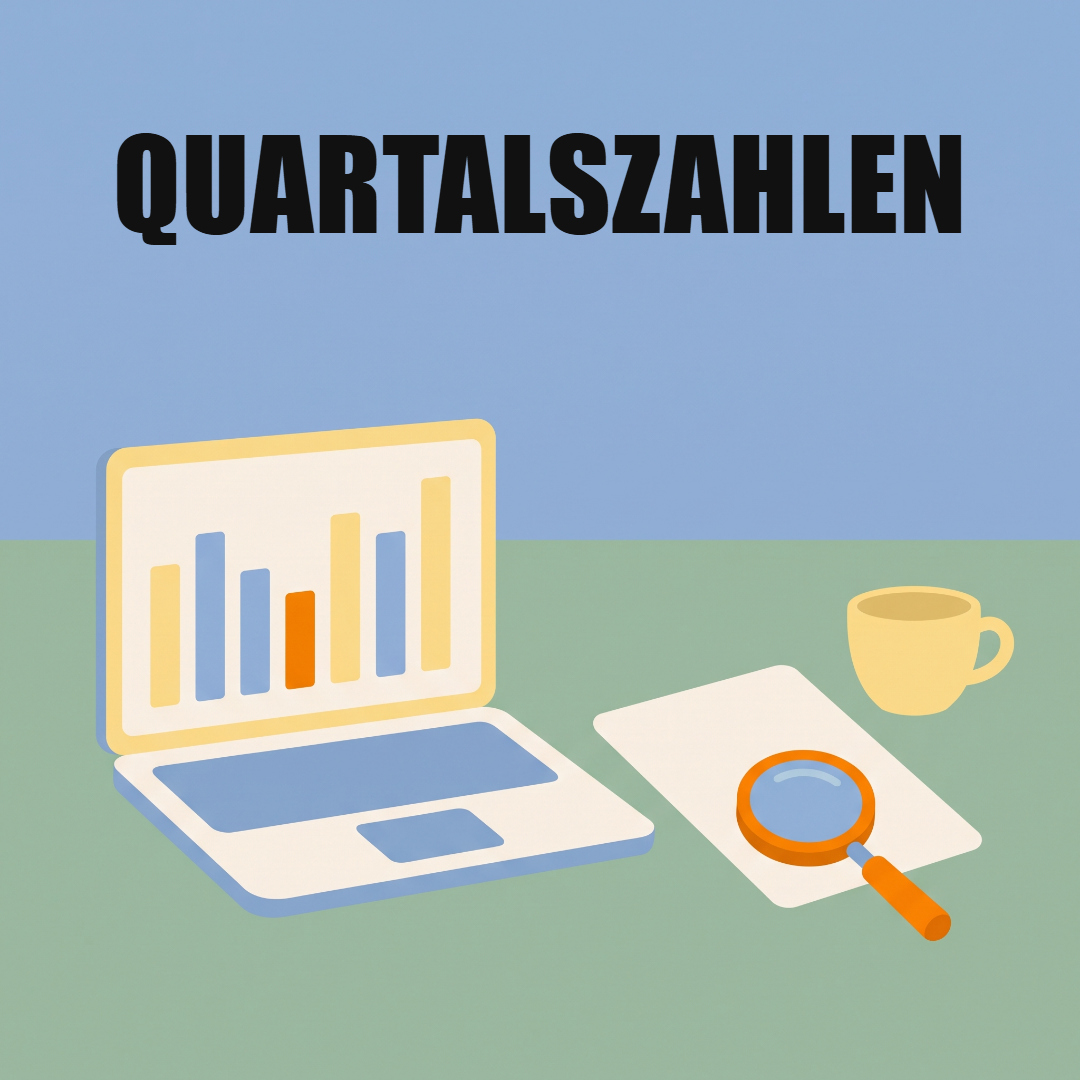 Quartalszahlen lesen: worauf es bei Aktiengesellschaften ankommt 1 Ein Laptop mit Säulendiagramm auf einem Schreibtisch, daneben ein Dokument mit Lupe und eine Kaffeetasse, oben das Wort Quartalszahlen