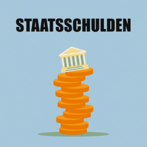 Steuern in Österreich: Woher der Staat sein Geld bekommt und wofür er es ausgibt 10 Ein Amtsgebäude mit Säulen auf einem schwankenden Turm aus orangen Münzen, oben das Wort Staatsschulden