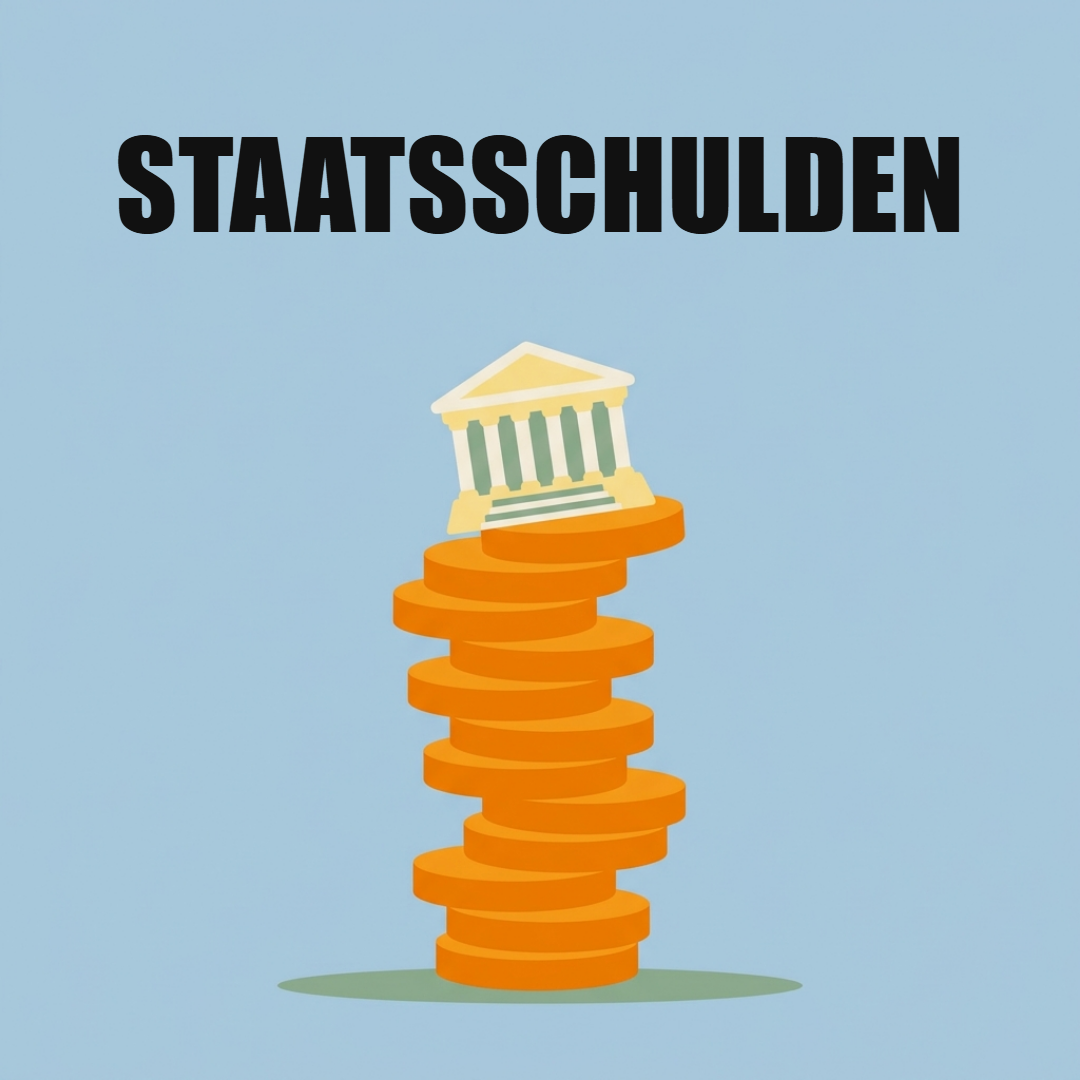 Staatsschulden und Defizit: was dahintersteckt und warum es dich betrifft 1 Ein Amtsgebäude mit Säulen auf einem schwankenden Turm aus orangen Münzen, oben das Wort Staatsschulden