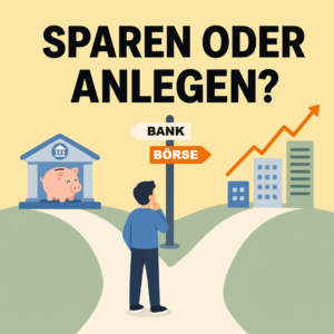 Anlegen & Börse 4 Illustration: Person an einer Weggabelung vor einem Wegweiser mit den Schildern Bank und Börse, darüber der Schriftzug Sparen oder anlegen?