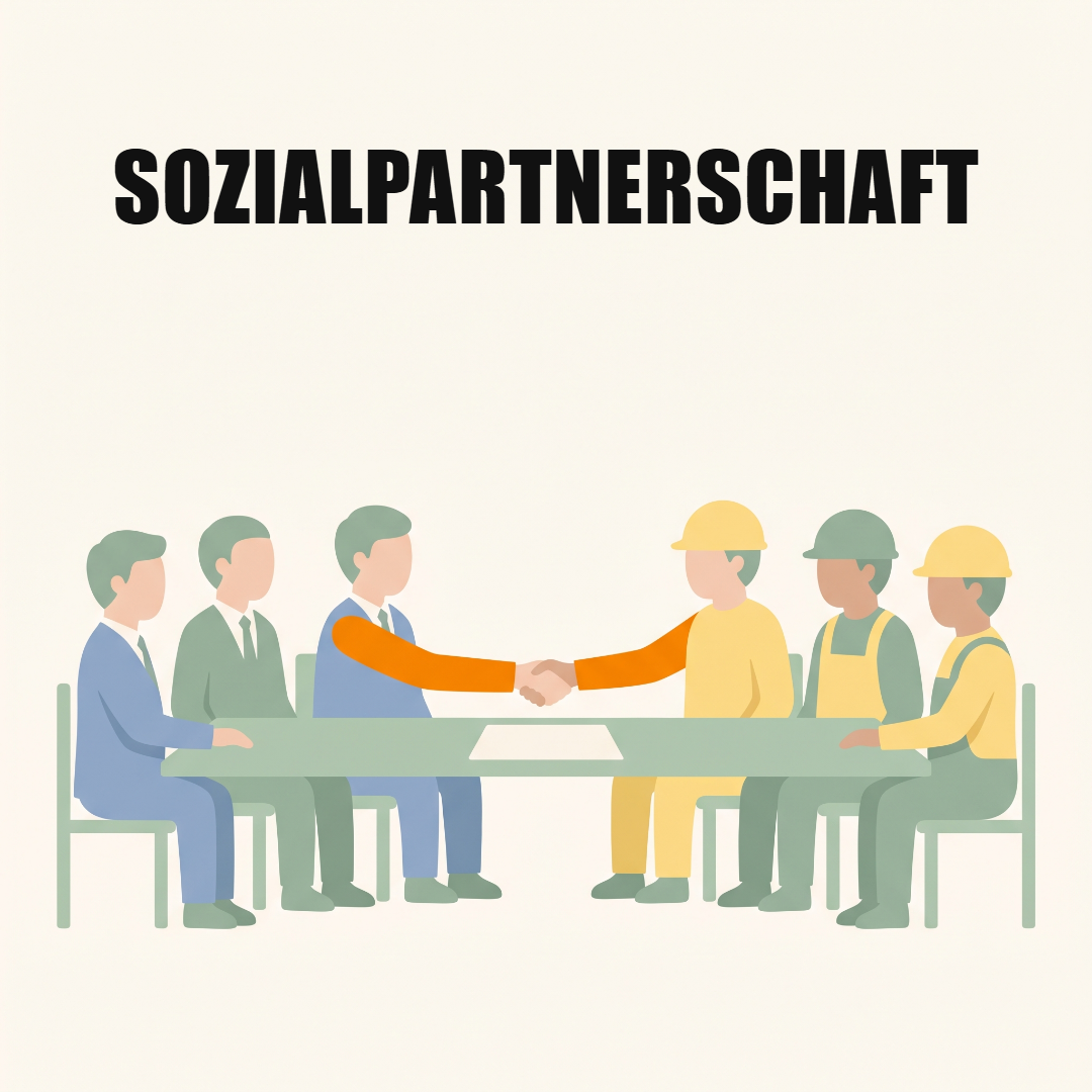 Sozialpartnerschaft in Österreich: wer Löhne und Regeln aushandelt 1 Arbeitgeber im Anzug und Arbeiter mit Helm sitzen sich an einem Verhandlungstisch gegenüber und reichen sich die Hand, oben das Wort Sozialpartnerschaft