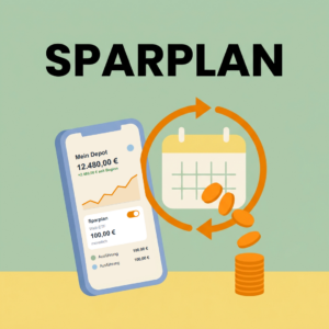Teilzeit: Was weniger Stunden für Gehalt und Pension bedeuten 9 Smartphone mit Broker-App und Sparplan, daneben ein Kalender mit Wiederholungspfeil und Münzen, Schriftzug SPARPLAN