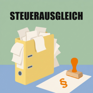 Krankenstand: deine Rechte und Pflichten als Arbeitnehmer 10 Ein voller gelber Ordner mit Belegen und Rechnungen, daneben ein Stempel mit Paragrafenzeichen auf einem Blatt Papier, oben das Wort Steuerausgleich