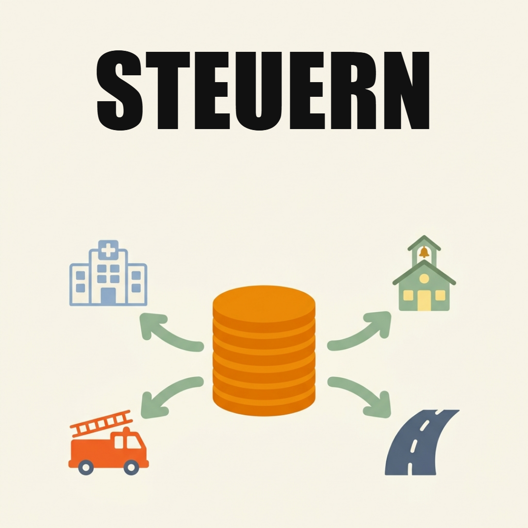 Steuern in Österreich: Woher der Staat sein Geld bekommt und wofür er es ausgibt 1 Ein Stapel oranger Münzen in der Mitte, Pfeile führen zu einem Spital, einer Schule, einem Feuerwehrauto und einer Straße, oben das Wort Steuern