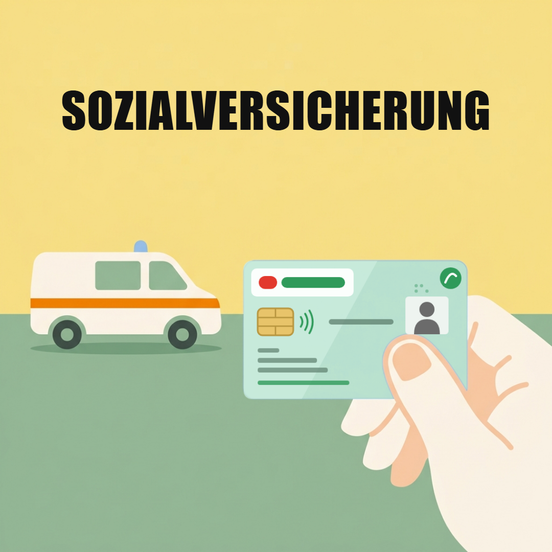 Sozialversicherungsbeiträge: was du zahlst, wofür und an welche Kasse 1 Eine Hand hält eine mintgrüne Versicherungskarte mit Chip, Kontaktlos-Symbol und Fotofeld, im Hintergrund ein Rettungswagen, oben das Wort Sozialversicherung