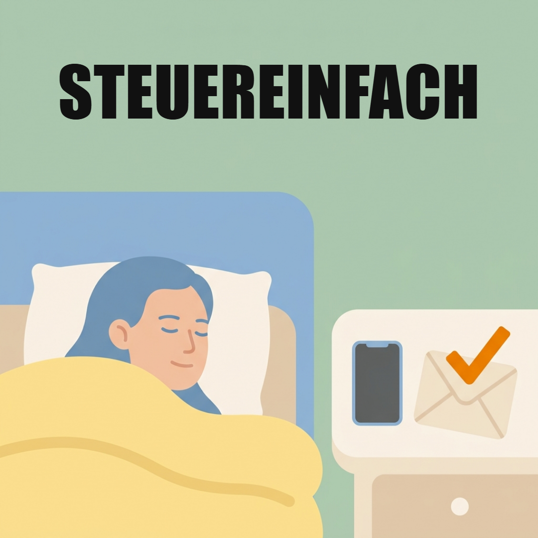 Steuereinfacher Broker: Was das heißt und was ohne ihn auf dich zukommt 1 Schlafende Person im Bett, auf dem Nachttisch ein Handy und ein Brief mit Haken, darüber das Wort STEUEREINFACH