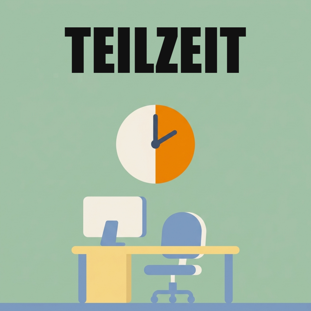 Teilzeit: Was weniger Stunden für Gehalt und Pension bedeuten 1 Eine Wanduhr, deren rechte Hälfte orange ist, über einem Schreibtisch mit Bildschirm und Bürostuhl, oben das Wort Teilzeit