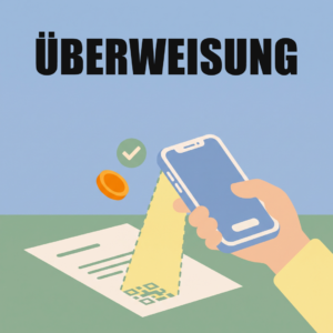 Online-Bank oder Filialbank: Unterschiede bei Kosten, Bargeld und Beratung 9 Eine Hand scannt mit dem Handy den QR-Code auf einer Rechnung, daneben eine orange Münze und ein Haken, oben das Wort Überweisung
