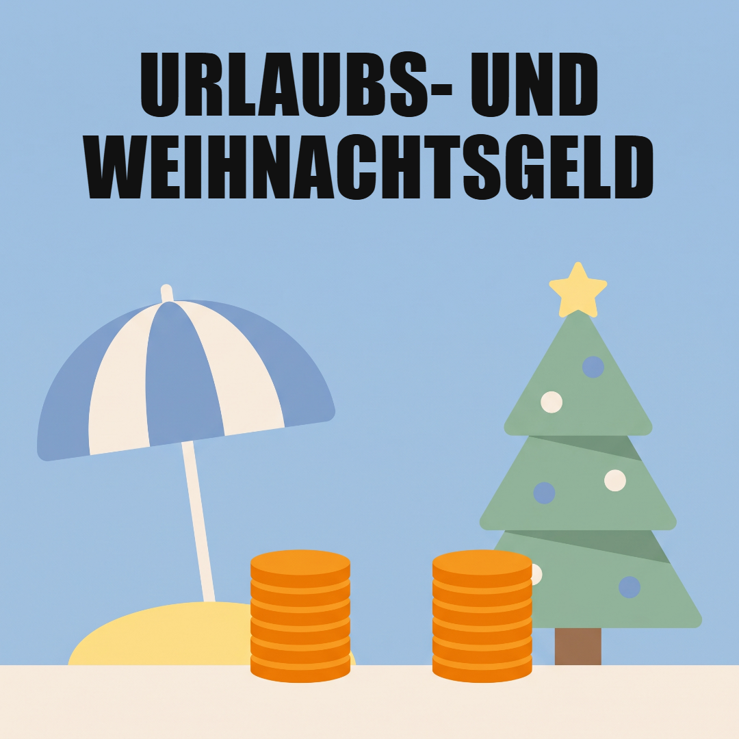 Urlaubs- und Weihnachtsgeld: Anspruch, Steuer und was netto bleibt 1 Ein gestreifter Sonnenschirm und ein geschmückter Christbaum, davor zwei Stapel orange Münzen, oben die Worte Urlaubs- und Weihnachtsgeld