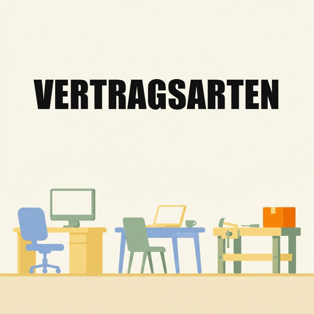 Angestellt, freier Dienstvertrag oder Werkvertrag: Die Unterschiede 1 Drei Arbeitsplätze nebeneinander: ein Bürotisch mit Bildschirm, ein Küchentisch mit Laptop und eine Werkbank mit einem orangen Paket, darüber das Wort Vertragsarten
