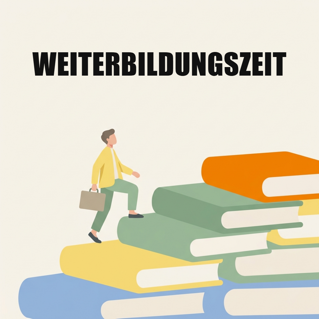 Weiterbildungszeit: Voraussetzungen, Beihilfe und Antrag 1 Eine Person mit Aktentasche steigt eine Treppe aus großen Büchern hinauf, oben das Wort Weiterbildungszeit