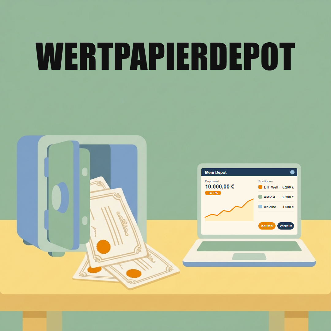 Wertpapierdepot eröffnen: Kosten, Qualität und die ersten Schritte 1 Schreibtisch mit offenem Tresor, aus dem Aktienurkunden herausliegen, daneben ein Laptop mit Online-Depot, darüber das Wort Wertpapierdepot