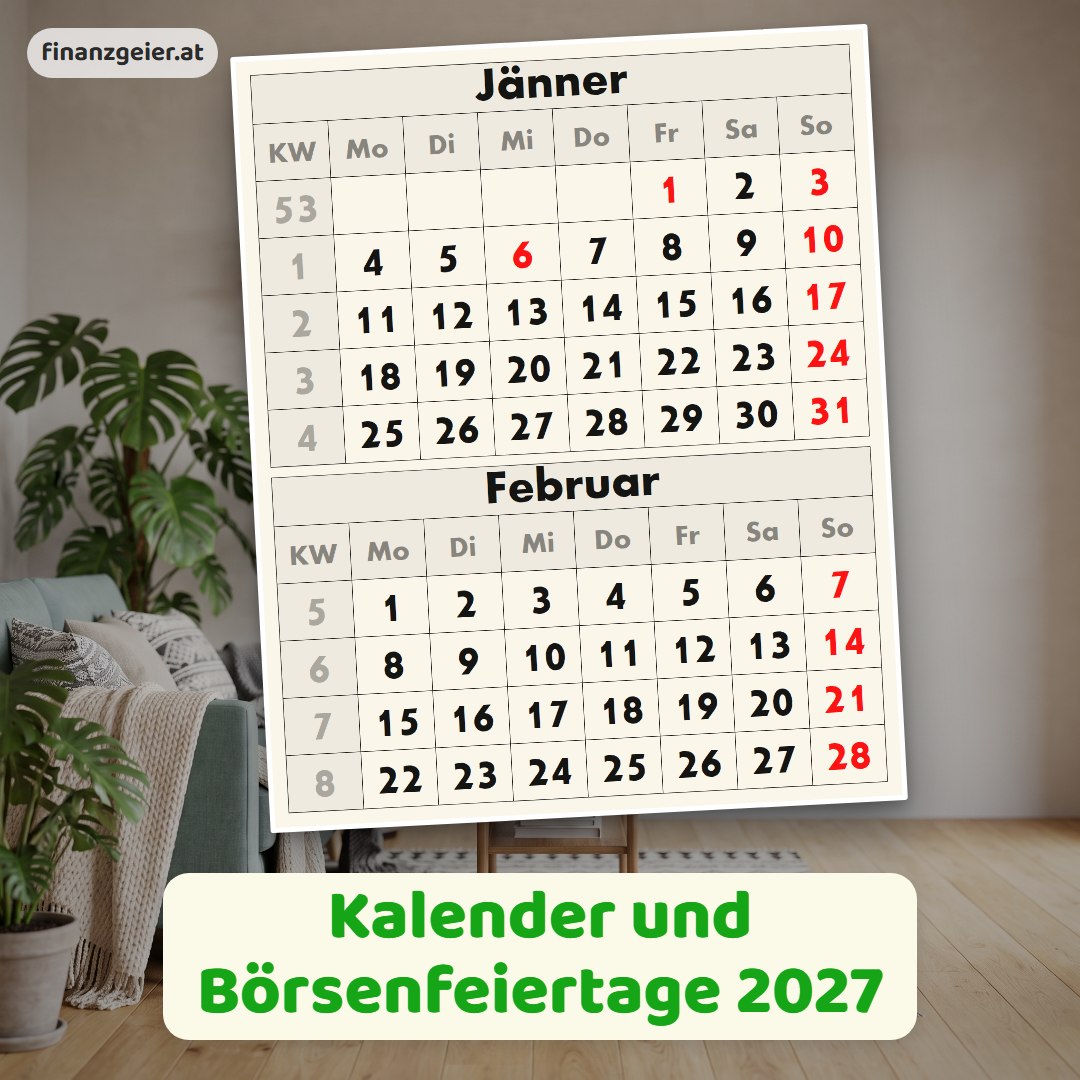 Kalender und Börsenfeiertage 2027 1 Kalenderblätter Jänner und Februar 2027 mit rot markierten Feiertagen, Titel: Kalender und Börsenfeiertage 2027