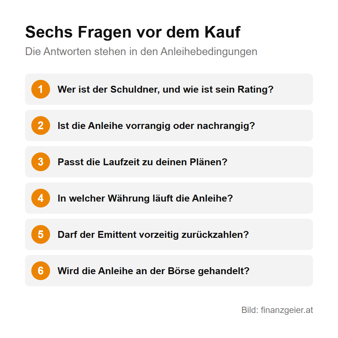 Die Anleihe: Wie du Staaten und Unternehmen Geld borgst und dafür Zinsen bekommst 7 Sechs Fragen vor dem Kauf einer Anleihe: Wer ist der Schuldner und wie ist sein Rating? Ist die Anleihe vorrangig oder nachrangig? Passt die Laufzeit zu deinen Plänen? In welcher Währung läuft die Anleihe? Darf der Emittent vorzeitig zurückzahlen? Wird die Anleihe an der Börse gehandelt?