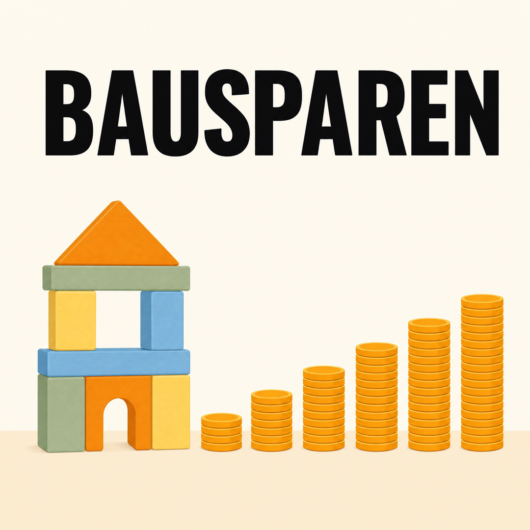 Bausparen in Österreich: wozu es das gibt und für wen es passt 1 Haus aus bunten Spielzeug-Bauklötzen neben sechs Münzstapeln, die Stapel für Stapel höher werden, darüber das Wort Bausparen