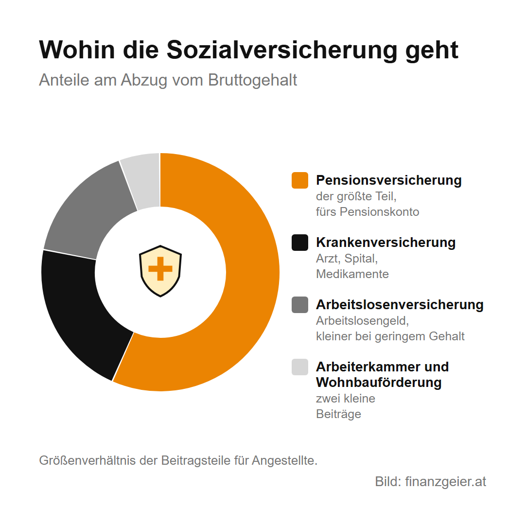 Brutto und Netto: Was vom Gehalt wirklich bleibt 3 Ring mit den Teilen der Sozialversicherung im Größenverhältnis: Pensionsversicherung als größter Teil, dann Krankenversicherung, Arbeitslosenversicherung sowie Arbeiterkammer und Wohnbauförderung.