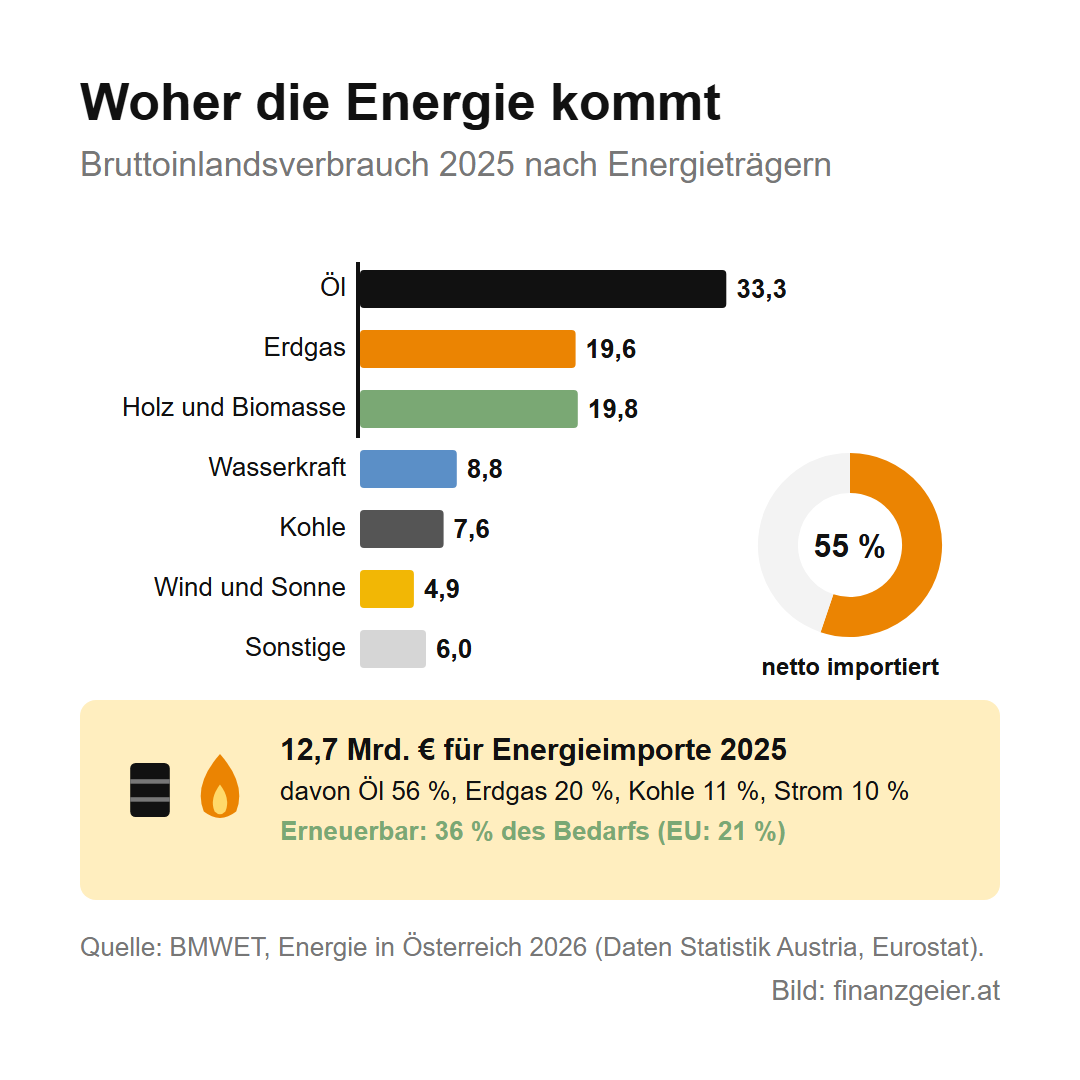Energie in Österreich: woher sie kommt, wofür wir sie brauchen und wie der Preis entsteht 3 Bruttoinlandsverbrauch 2025 nach Energieträgern: Öl 33,3 Prozent, Erdgas 19,6, Holz und Biomasse 19,8, Wasserkraft 8,8, Kohle 7,6, Wind und Sonne 4,9, Sonstige 6,0 Prozent. 55 Prozent der Energie werden netto importiert, für Energieimporte gab Österreich 2025 12,7 Milliarden Euro aus; erneuerbar sind 36 Prozent des Bedarfs, in der EU 21 Prozent.