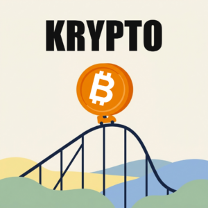 Gold: Warum die ganze Welt es kauft und welchen Platz es im Depot hat 9 Achterbahn mit großer Bitcoin-Münze ganz oben vor der steilen Abfahrt, darüber das Wort KRYPTO