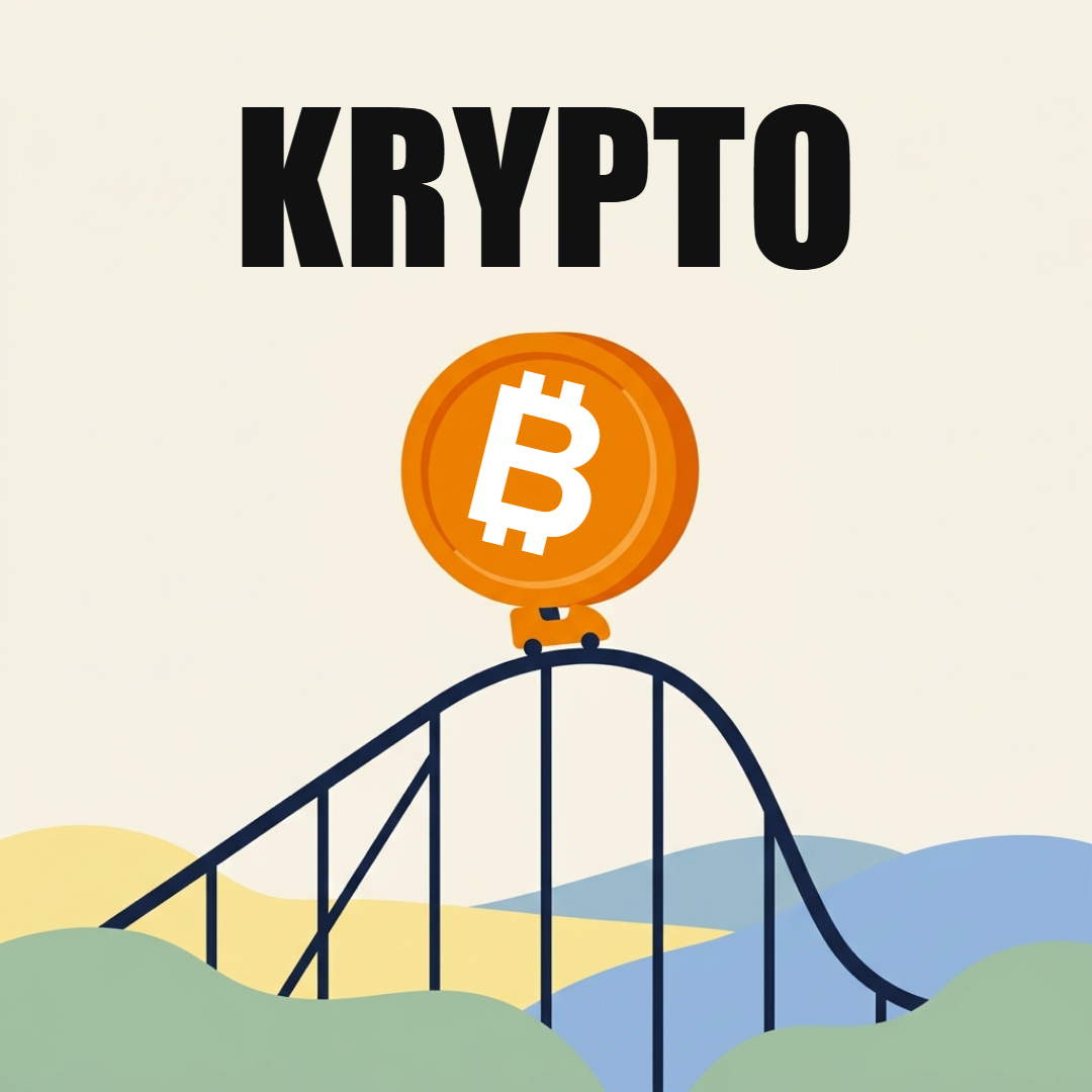 Kryptowährungen: Was Bitcoin und Co. sind und welche Risiken dazugehören 1 Achterbahn mit großer Bitcoin-Münze ganz oben vor der steilen Abfahrt, darüber das Wort KRYPTO