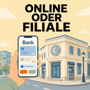 Wertpapierdepot eröffnen: Kosten, Qualität und die ersten Schritte 9 Hand hält ein Handy mit Bank-App vor einem Bankgebäude mit Bankomaten, Text: Online oder Filiale