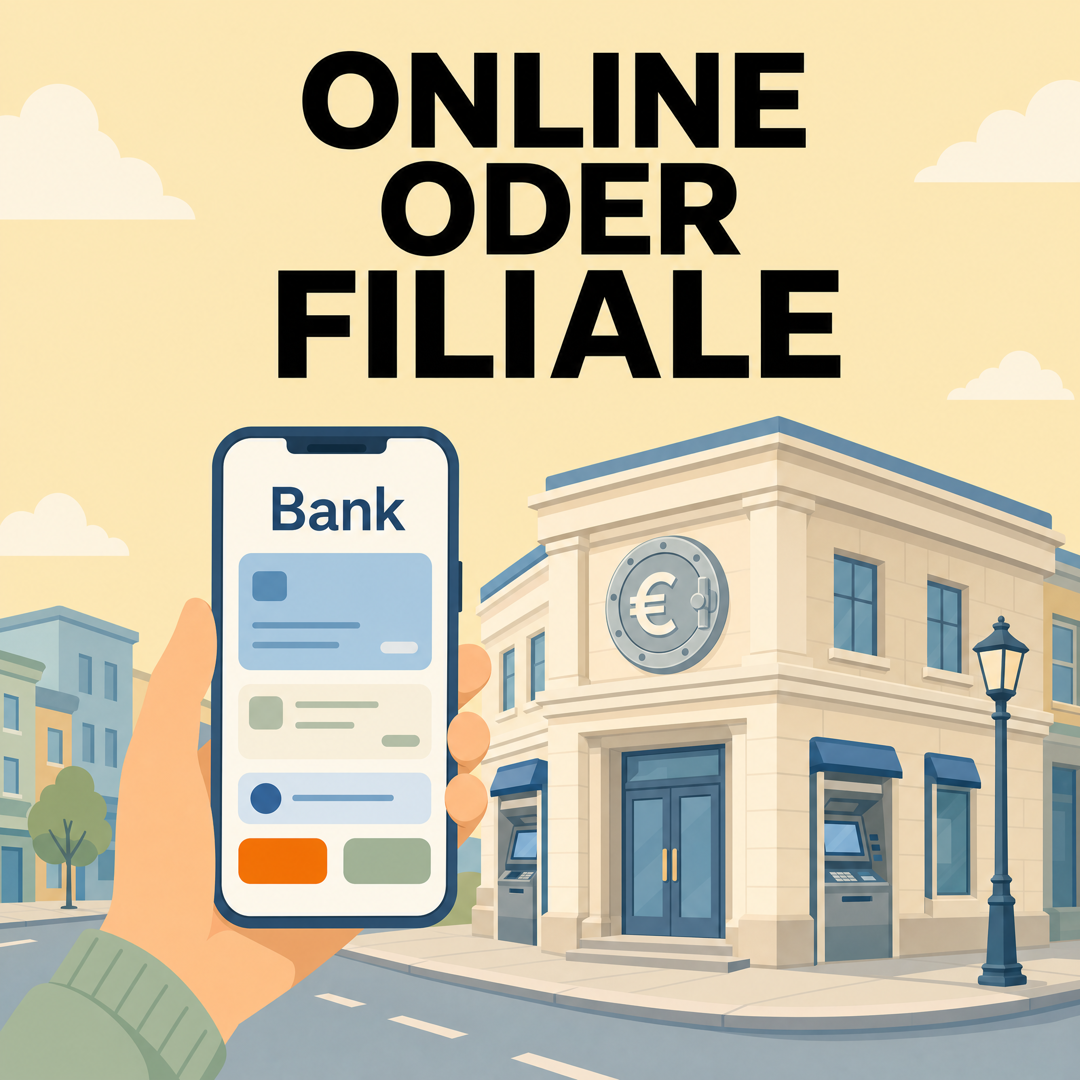 Online-Bank oder Filialbank: Unterschiede bei Kosten, Bargeld und Beratung 1 Hand hält ein Handy mit Bank-App vor einem Bankgebäude mit Bankomaten, Text: Online oder Filiale