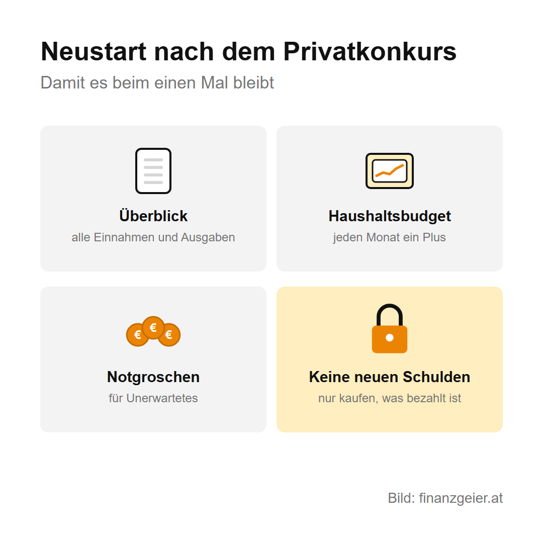 Privatkonkurs in Österreich: Ablauf, Dauer, Folgen und warum er das letzte Mittel ist 8 Neustart nach dem Privatkonkurs: Überblick über alle Einnahmen und Ausgaben, ein Haushaltsbudget mit jedem Monat einem Plus, ein Notgroschen für Unerwartetes und keine neuen Schulden, nur kaufen, was bezahlt ist.