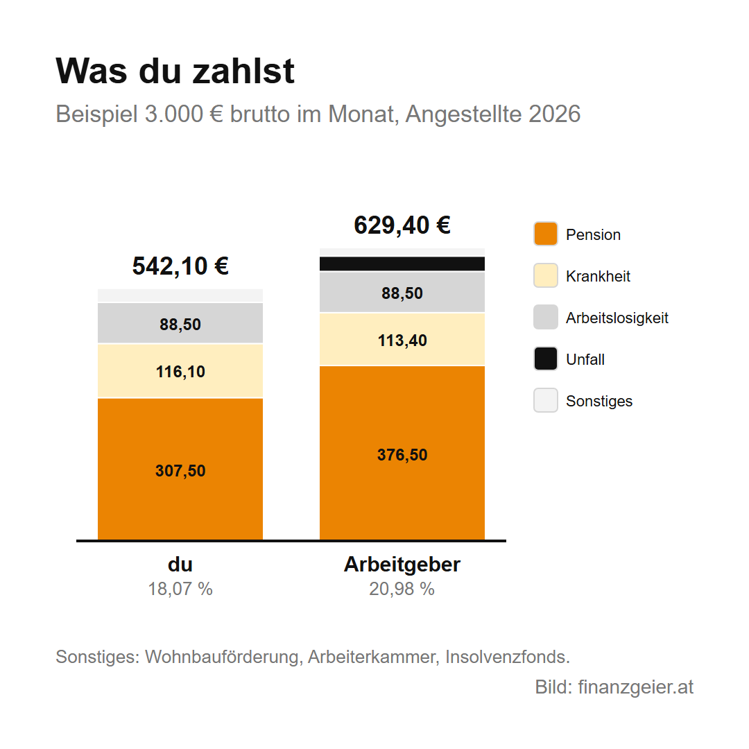 Sozialversicherungsbeiträge: was du zahlst, wofür und an welche Kasse 3 Beispiel 3.000 Euro brutto im Monat 2026: Du zahlst 542,10 Euro oder 18,07 Prozent, davon 307,50 Pension, 116,10 Krankheit, 88,50 Arbeitslosigkeit. Der Arbeitgeber zahlt 629,40 Euro oder 20,98 Prozent, davon 376,50 Pension, 113,40 Krankheit, 88,50 Arbeitslosigkeit und 33 Euro Unfall.