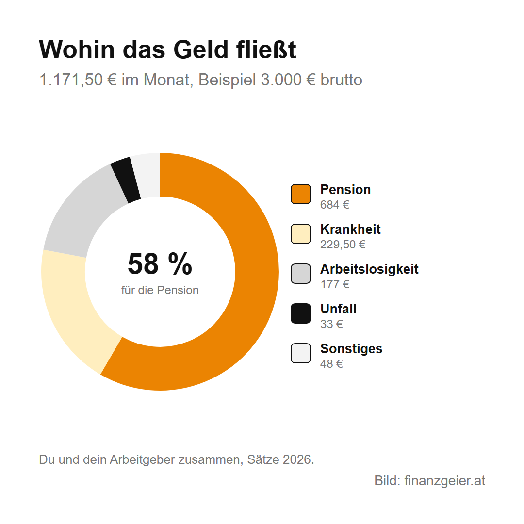 Sozialversicherungsbeiträge: was du zahlst, wofür und an welche Kasse 4 Von 1.171,50 Euro Sozialversicherung im Monat gehen 684 Euro in die Pension, das sind 58 Prozent, 229,50 Euro in die Krankenversicherung, 177 Euro in die Arbeitslosenversicherung, 33 Euro in die Unfallversicherung und 48 Euro in Sonstiges.