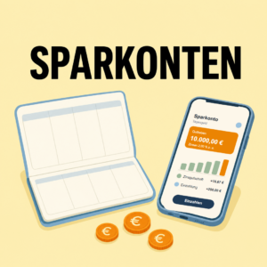 Weiterbildungszeit: Voraussetzungen, Beihilfe und Antrag 9 Aufgeschlagenes Sparbuch neben einem Handy mit Sparkonto-App, davor drei orange Euro-Münzen, darüber das Wort Sparkonten