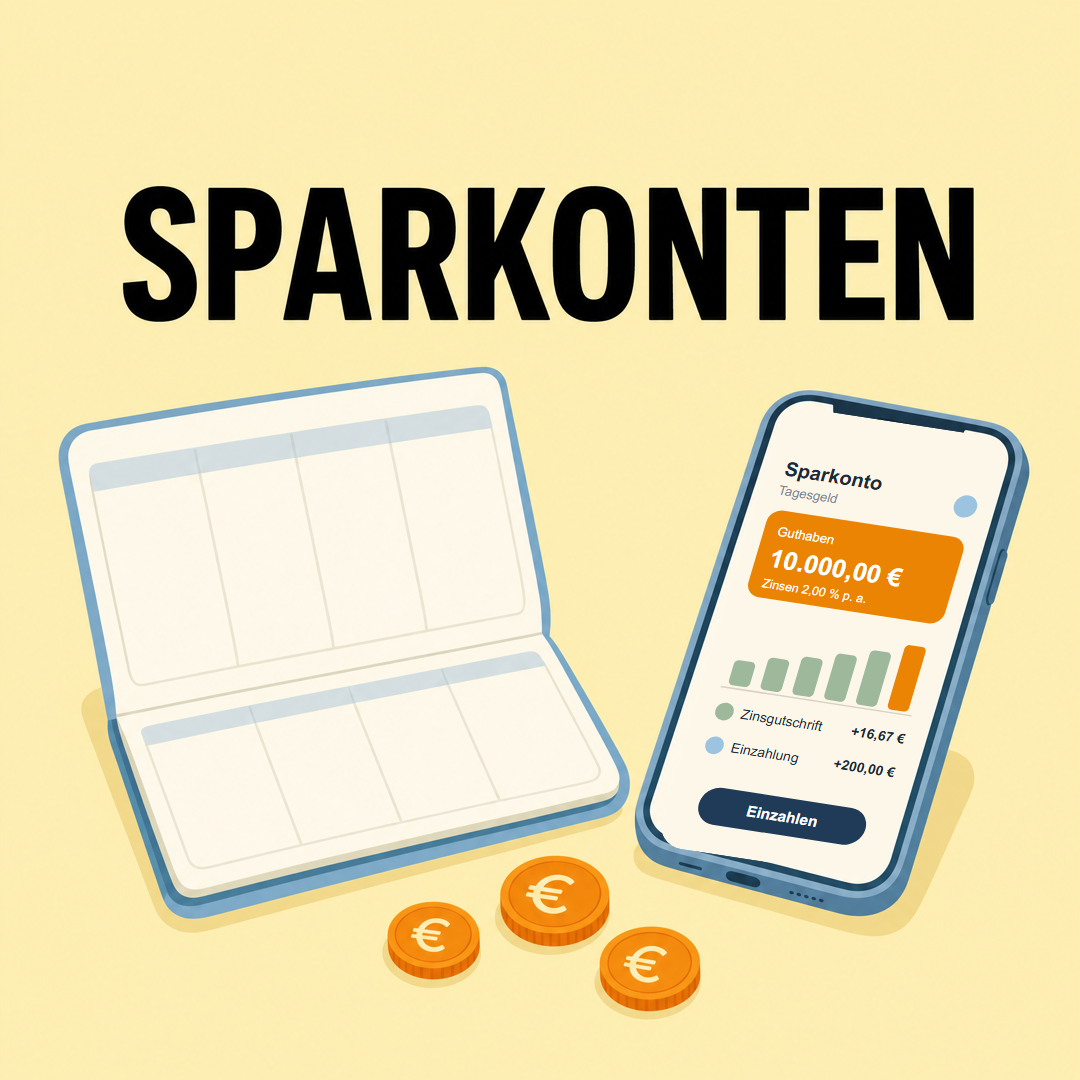 Sparkonten: Die Unterschiede und was wofür passt 1 Aufgeschlagenes Sparbuch neben einem Handy mit Sparkonto-App, davor drei orange Euro-Münzen, darüber das Wort Sparkonten