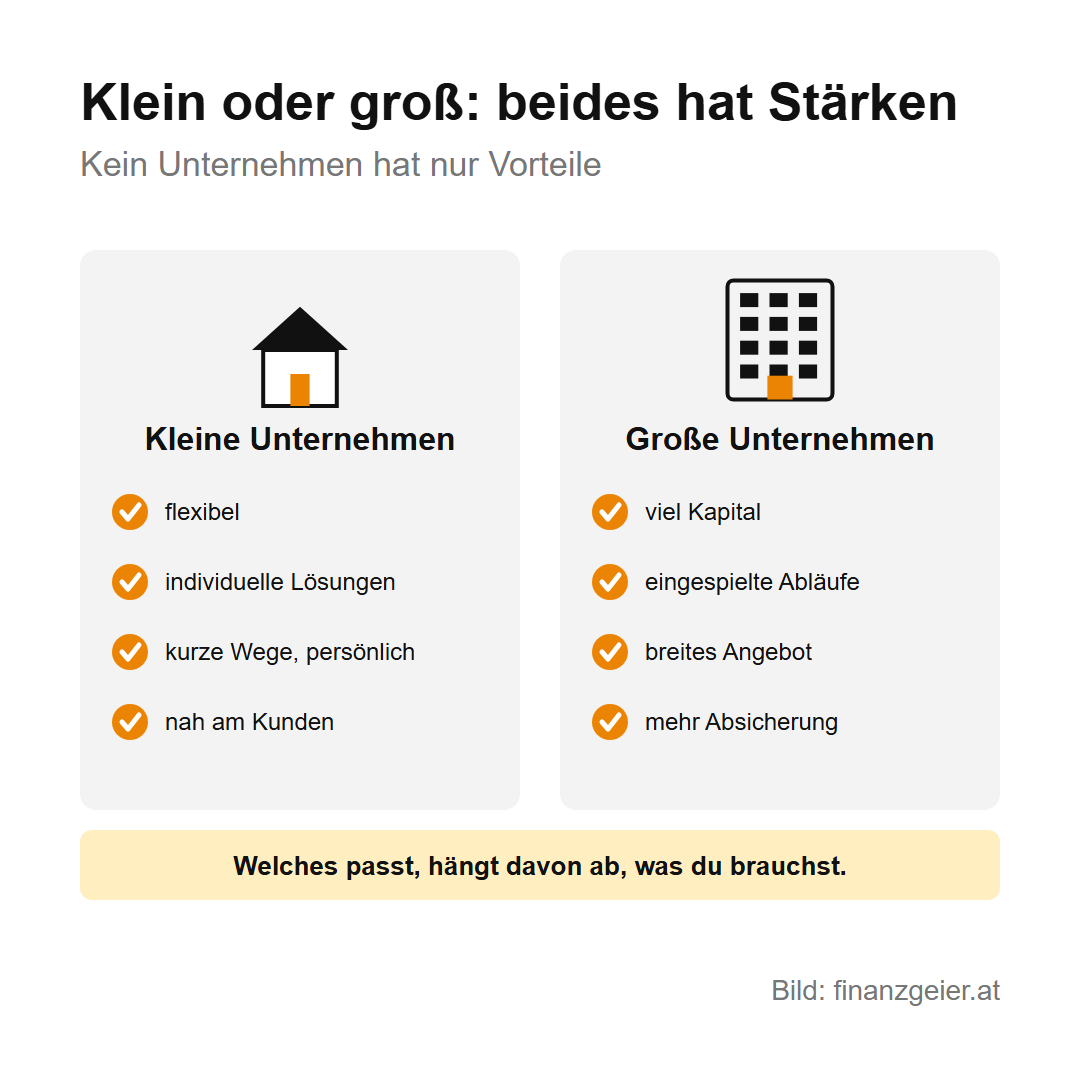 Unternehmensformen in Österreich: Einzelunternehmen, e.U., GmbH und mehr 8 Klein oder groß, beides hat Stärken: Kleine Unternehmen sind flexibel, finden individuelle Lösungen, haben kurze Wege und sind nah am Kunden. Große Unternehmen haben viel Kapital, eingespielte Abläufe, ein breites Angebot und mehr Absicherung.